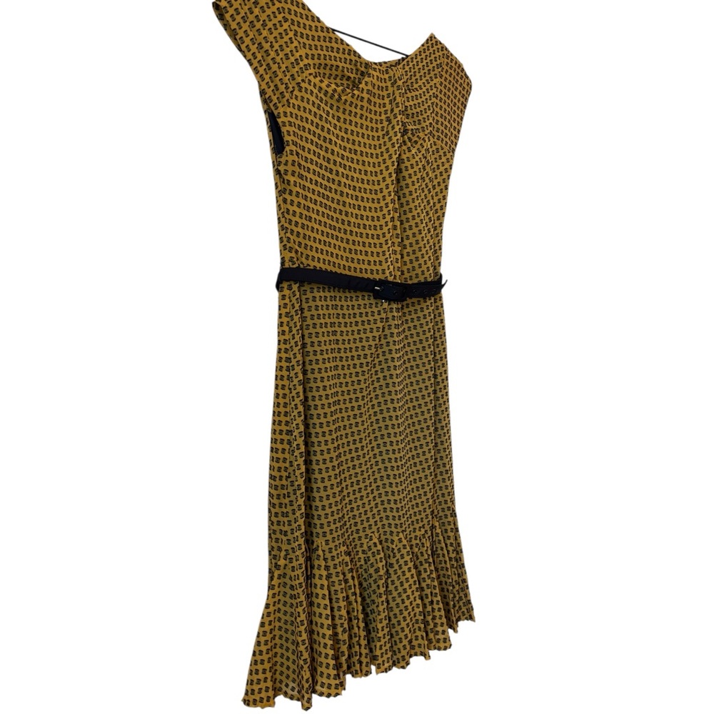 Eva Franco Silk Blend Belted Dress Sz 8 Mustard Yellow Black Pleated Hem Ruched - Picture 2 of 12